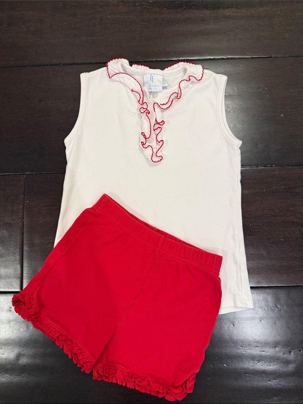Little English White Tank Top & Red Ruffle Shorts Set